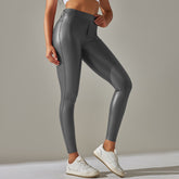 Faux Leather Pants High Elastic Solid Color Bright Surface Thin Velvet Tight Pocket Fitness Trousers Running Yoga Pants